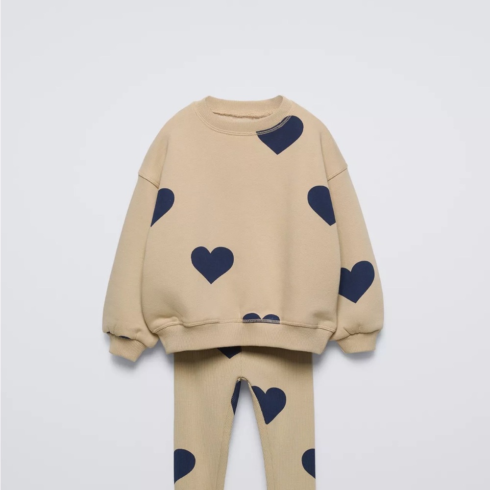 Tan and Navy Heart Print Sweatshirt and Leggings Set